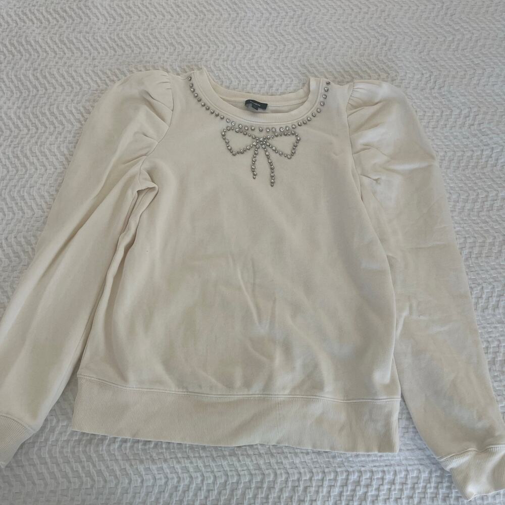 Express women’s size medium rhinestone puff sleeve cream sweatshirt